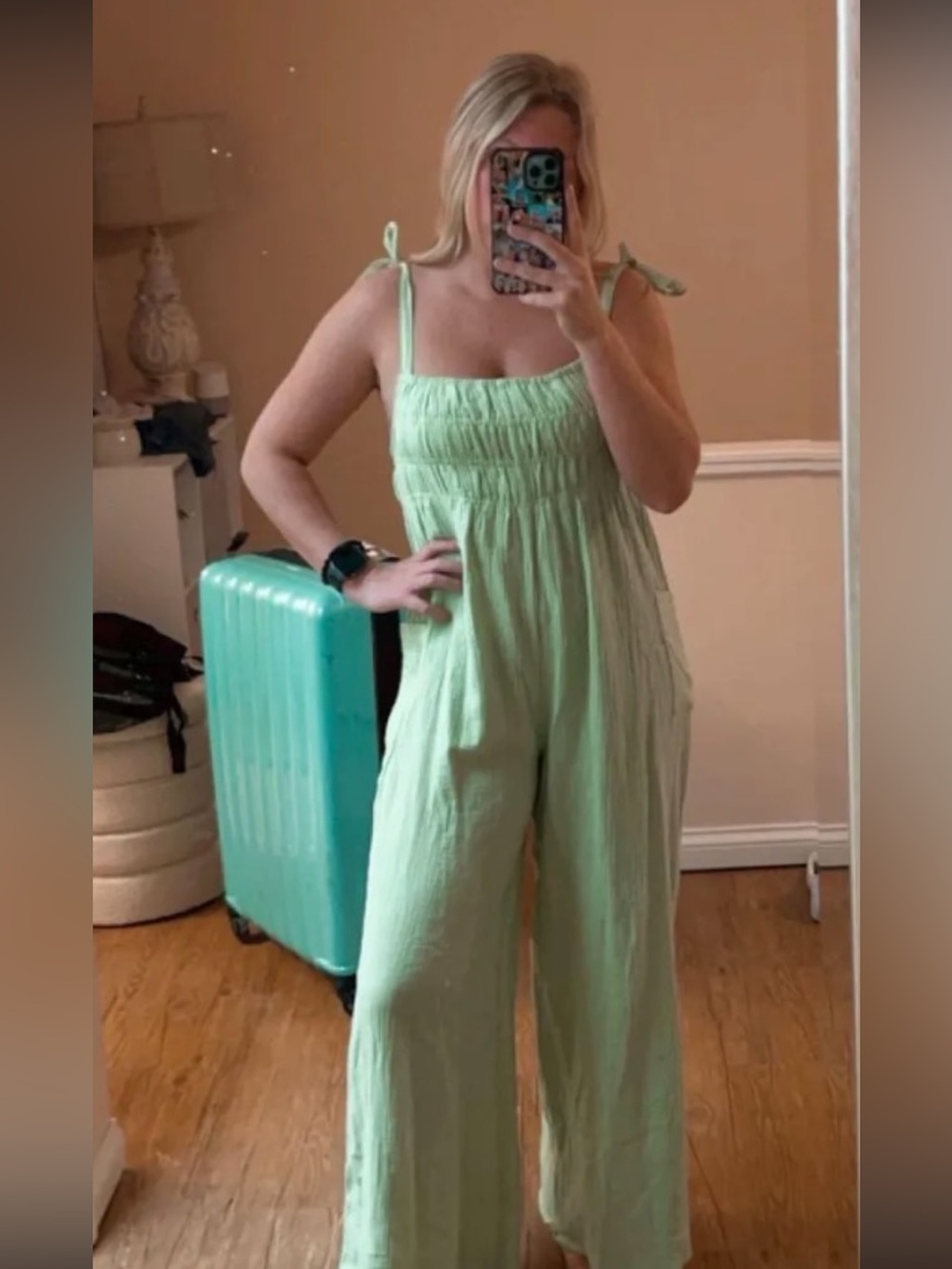 Blue Blush Green Wide Leg Jumpsuit Size Medium